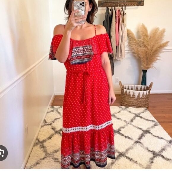 Misa Los Angeles Larsen Cold-Shoulder Bohemian Printed Long Dress- medium - Picture 1 of 9